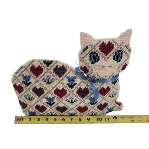 Handmade 3 D Kitty Cat Needlepoint Kitty With Hearts, Flowers On Plastic Canvas - Picture 8 of 11